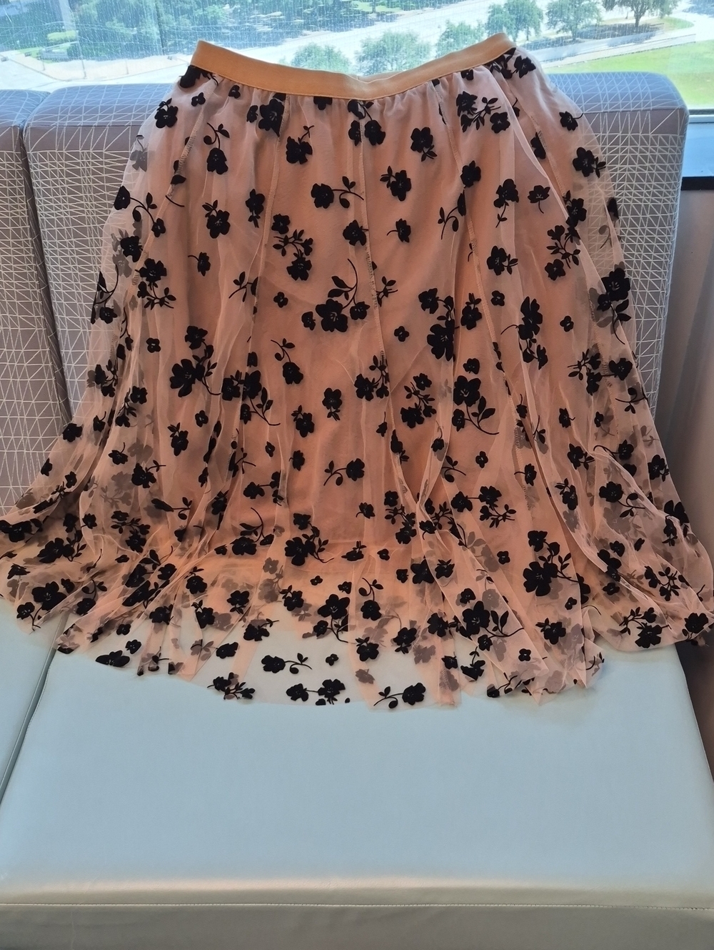 Chic Wish Tulle Midi Skirt with Black Floral Appliqué